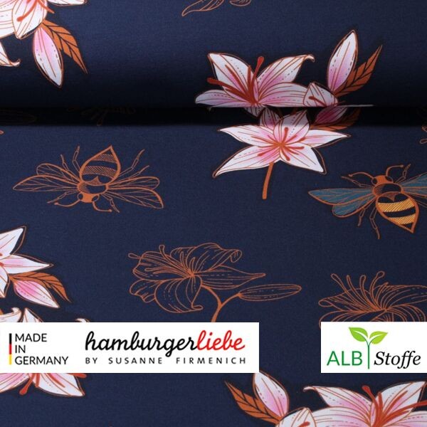 Albstoffe Hamburger Liebe "Lily GLOW" Bio-Baumwolljersey navy bunt 0,5m x 165cm
