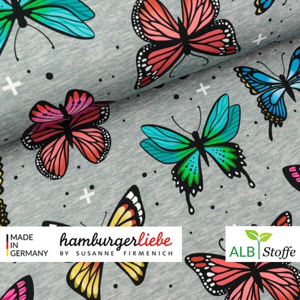 Albstoffe Hamburger Liebe "Butterfly Wanderlust" Bio-Baumwolljersey grau 0,5m x 165cm